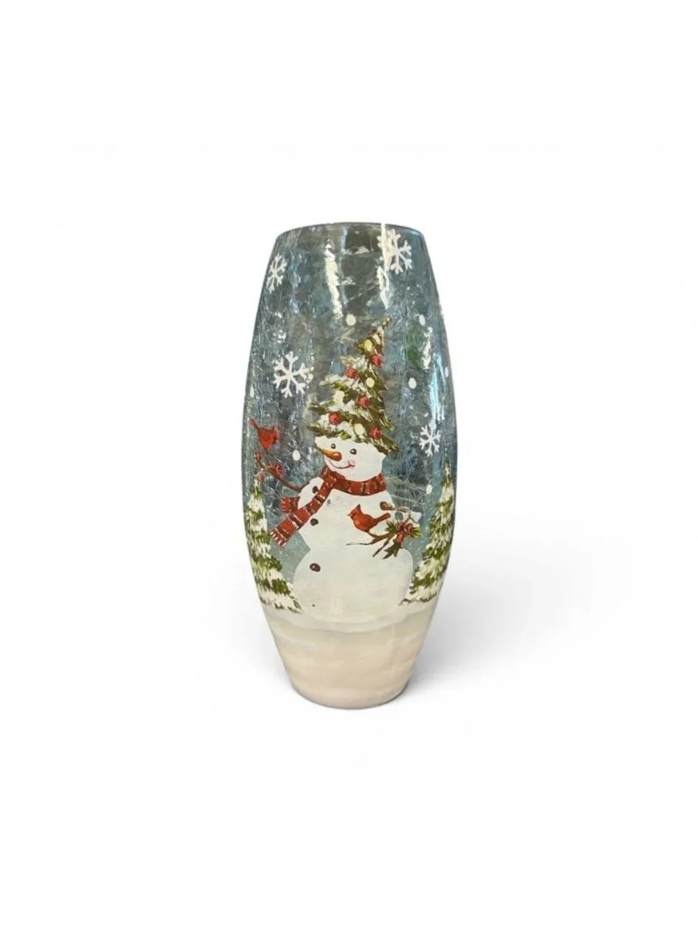 Snowman-Themed LED Crackle Glass Vase With Winter Scene Design